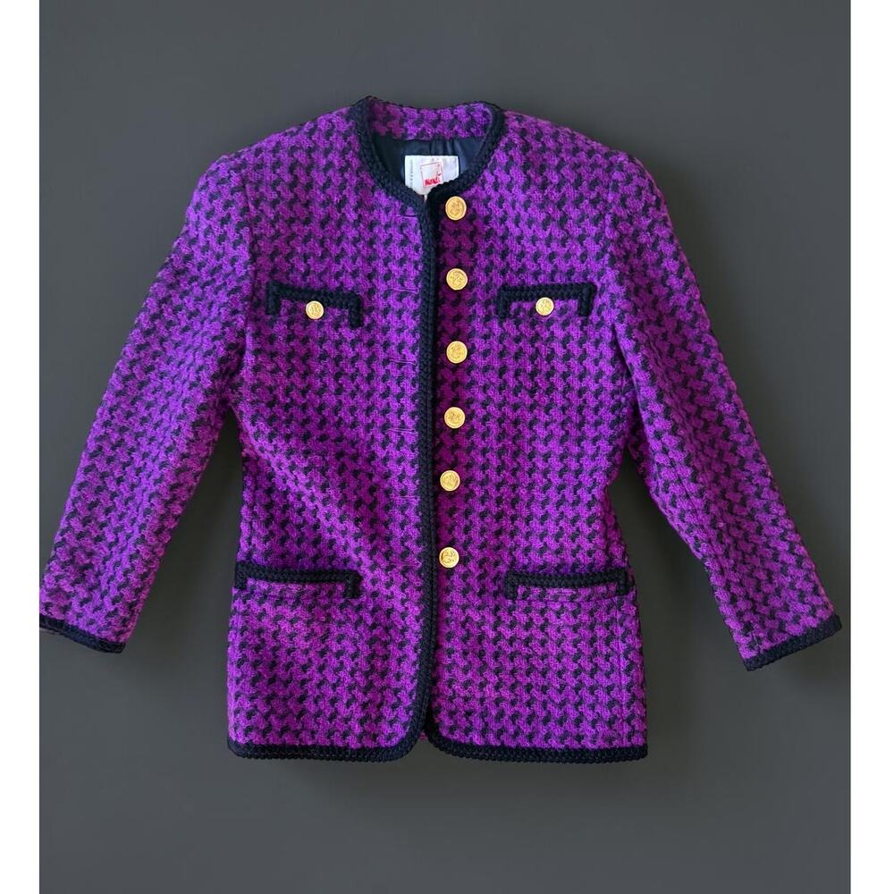 Vintage Mondi Purple Wool Houndstooth Knit Blazer 34/4-Euro Chic - Picture 2 of 12